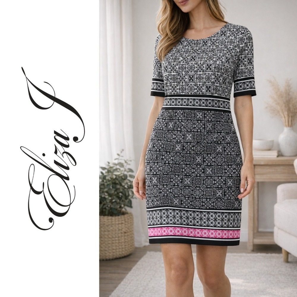 Eliza J, Black White Pink Floral Medallion Tile Print Sheath Dress Size 6